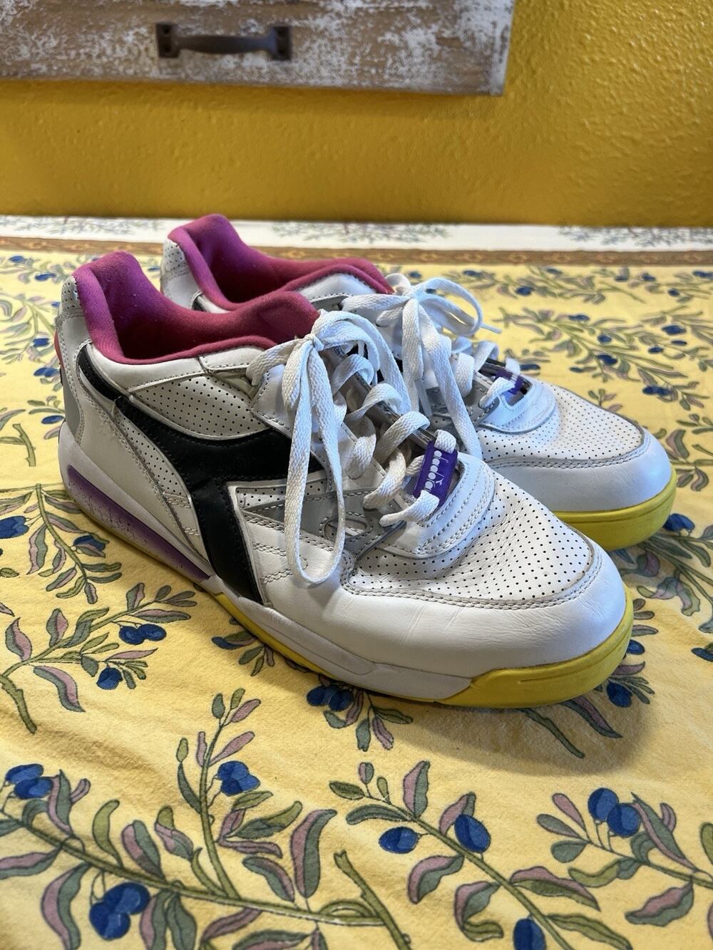 Diadora White Black Yellow Purple Accent Low-Top Sneakers